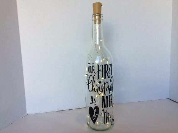 Lighted Wine Bottle with Black Vinyl Transfer. Great Holiday Gift!