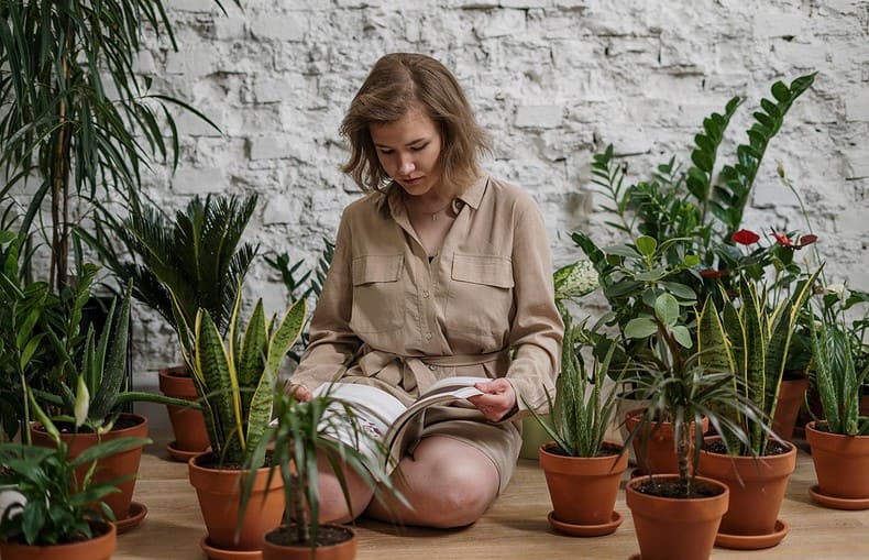 a lady reading a book sorrounded by houseplants