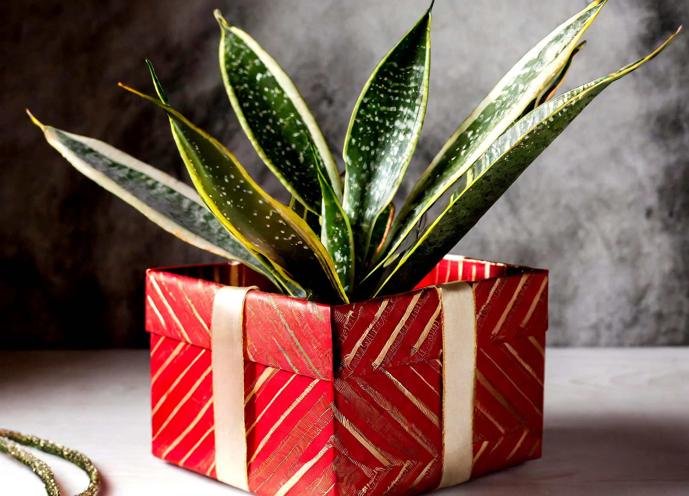 snake plant in a holiday gift box