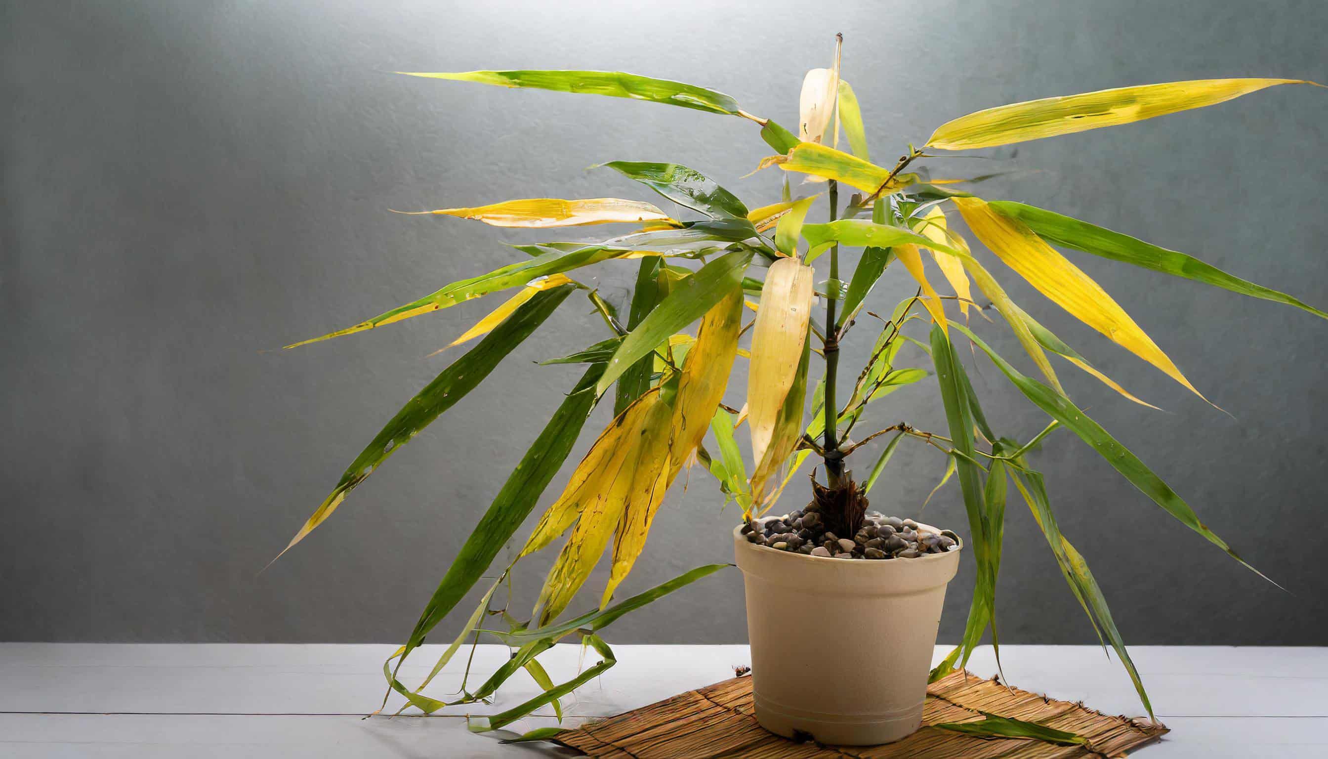 bamboo plant in a pot with leaves turning yellow