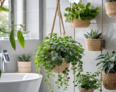 bathroom with hanging plants