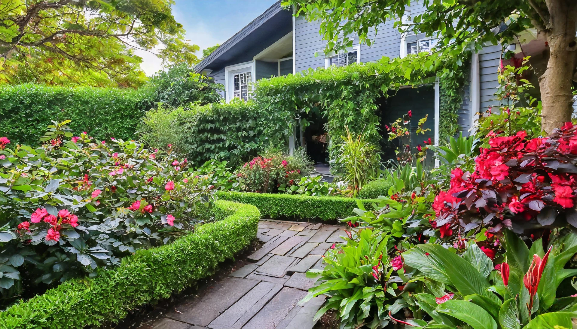 beautiful front yard landscape with gorgeous flowers and bold foliage