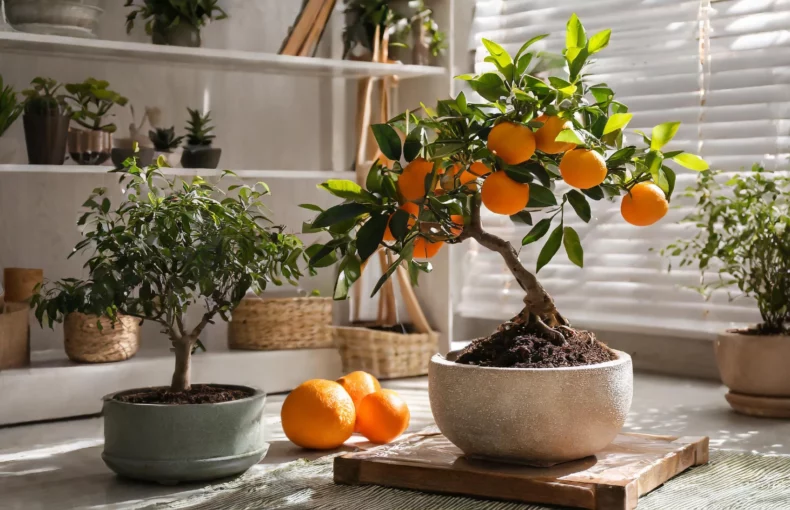 potted orange and bonsai trees indoors and other houseplants